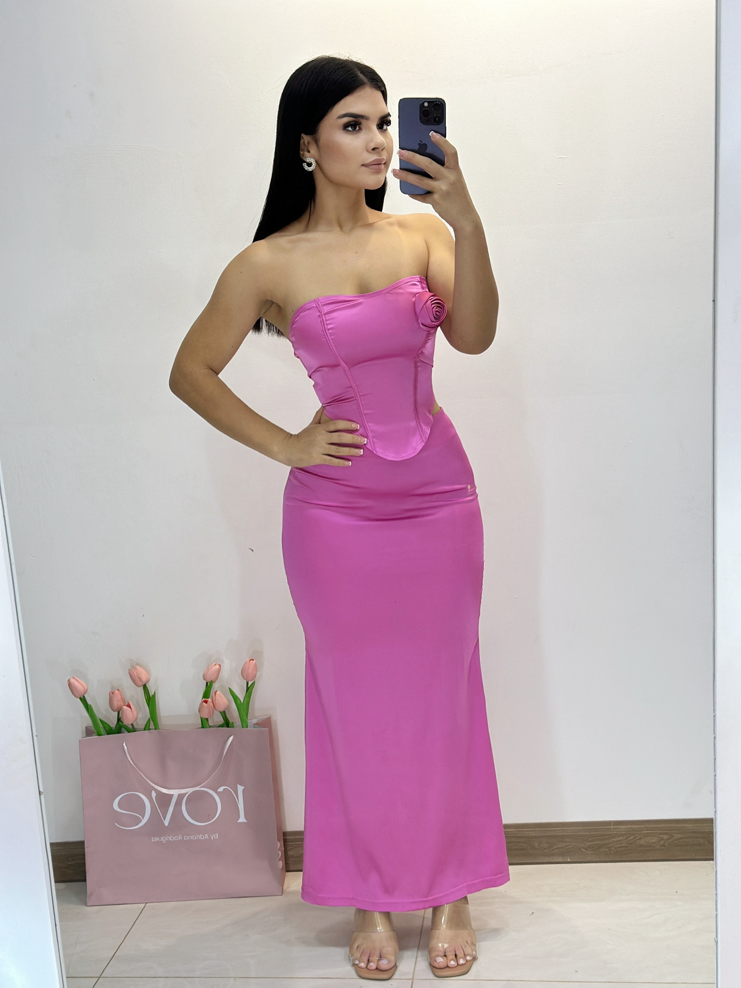 Conjunto Top + maxifalda satén -  Rosa